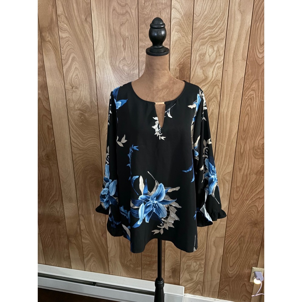 DG2 Diane Gilman Black Blue Floral Lily Split Neck Bell Sleeve Blouse‎ Large